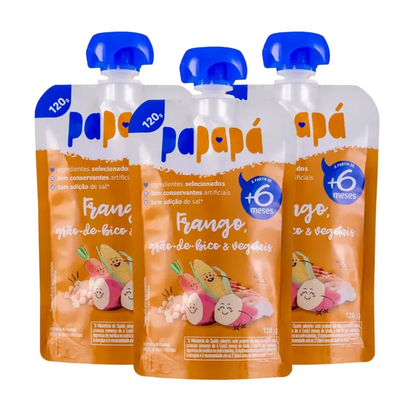 Kit Papinha Infantil Frango Grão de Bico e Vegetais Natural Papapá - 3 Unidades 120g