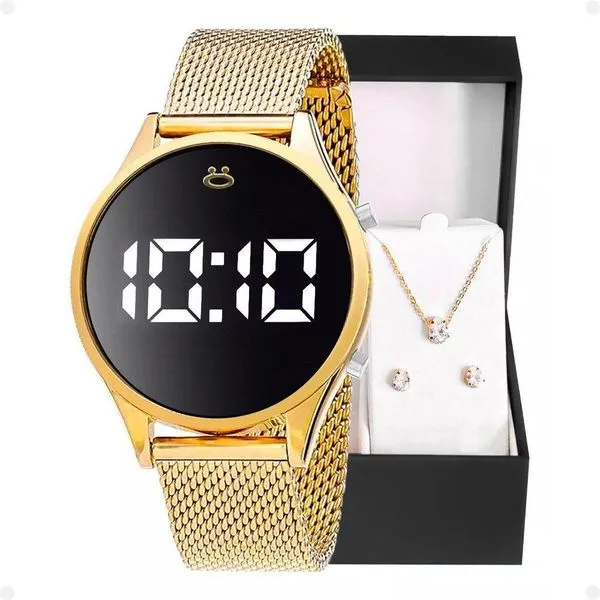 Relogio Feminino Digital Dourado + Colar + Brincos + Caixa