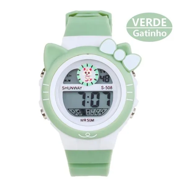 Relógio Infantil Digital Verde Gatinho Led Wr50m - Tudo Em Caixa