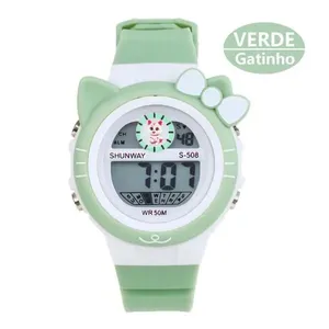 Relógio Infantil Digital Verde Gatinho Led Wr50m - Tudo Em Caixa