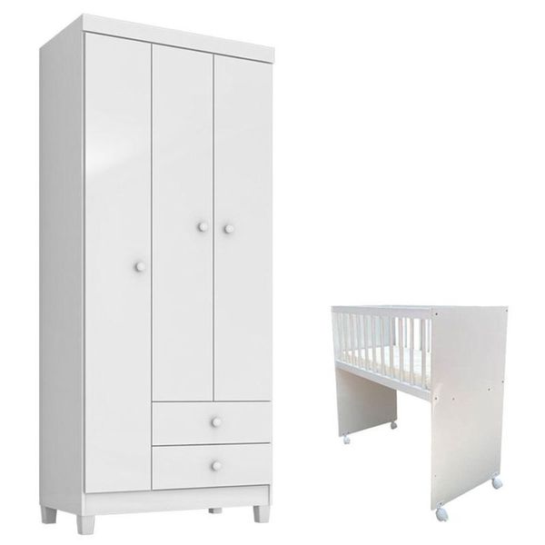 Conjunto Mini Berço Moisés Alegria com Colchão e Guarda Roupa 3 Portas Ternura Baby Portátil Branco Incorplac Mini Berço Moisés Alegria Com Colchão E Guarda Roupa 3 Portas Ternura Baby Branco Flex - Incorplac