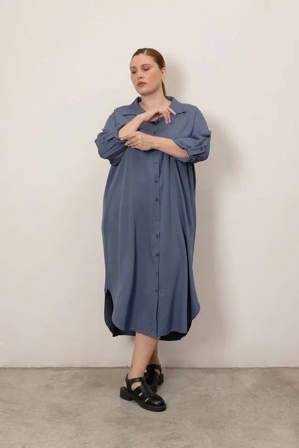 Vestido Chemise Sarjado Plus Size Azul-GG
