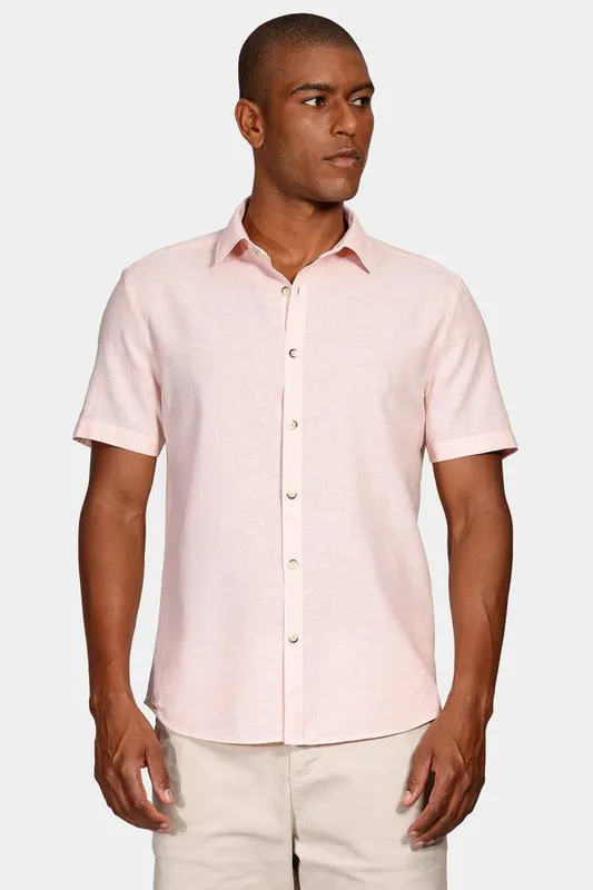 Camisa Manga Curta Slim Linho Algodão Coral - XXG
