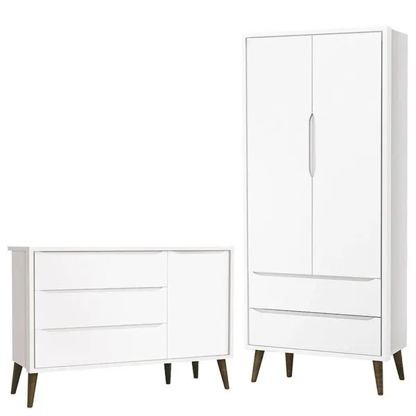 Cômoda Infantil com Porta e Guarda Roupa 2 Theo 3 Gavetas MDF Branco Acetinado com Pés Amadeirado Cômoda Infantil Com Porta E Guarda Roupa 2 Portas Theo Branco Acetinado Com Pés Amadeirado - Reller