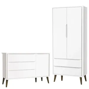 Cômoda Infantil com Porta e Guarda Roupa 2 Theo 3 Gavetas MDF Branco Acetinado com Pés Amadeirado Cômoda Infantil Com Porta E Guarda Roupa 2 Portas Theo Branco Acetinado Com Pés Amadeirado - Reller