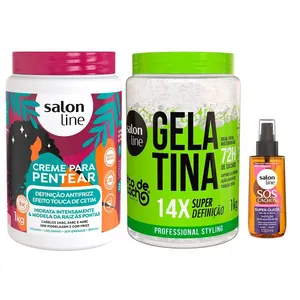 Kit Salon Line Creme Para Pentear Definição Antifrizz 1Kg + Gelatina #todecacho Super Definição 1kg + Óleo Capilar SOS Super óleos 100ml