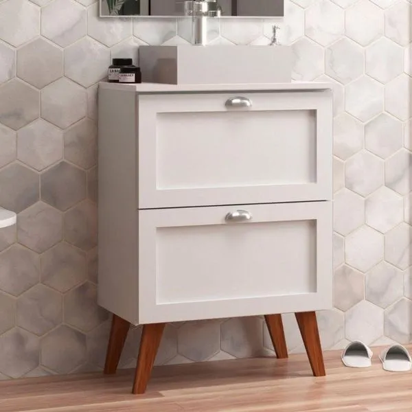 Gabinete Para Banheiro Com Tampo E Cuba 60cm Retro Mdf Branco Milano - On Móveis