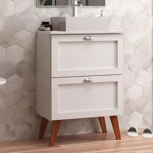 Gabinete Para Banheiro Com Tampo E Cuba 60cm Retro Mdf Branco Milano - On Móveis