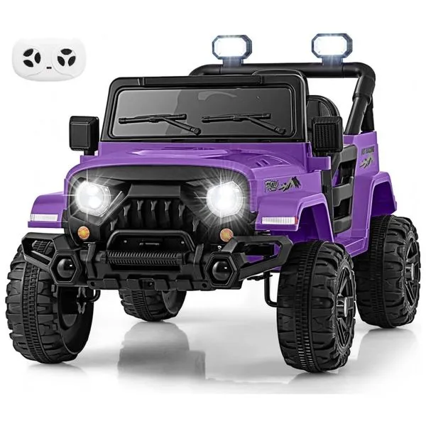 Carro Elétrico Infantil OLAKIDS Roxo 12V Controle Remoto Jeep LED Bluetooth 2 Velocidades Suspensão Música USB MP3 3-8 Anos