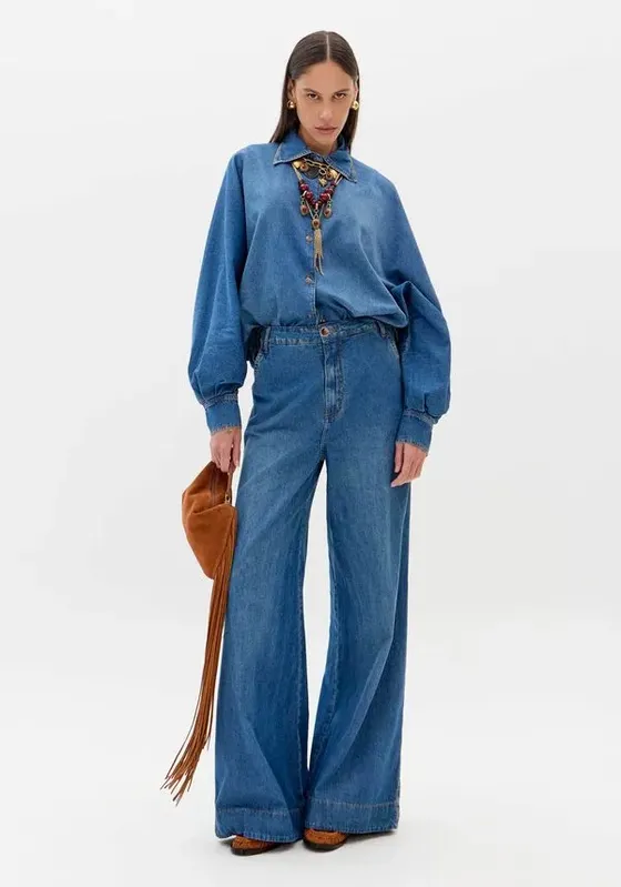 Calça Jeans Pantalona Com Bolsos Azul 42
