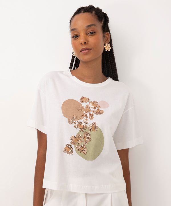 camiseta de algodão animal print paetê off white P