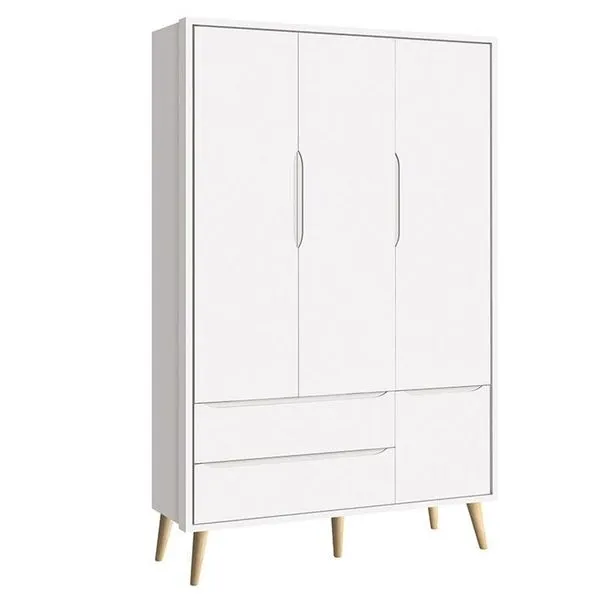 Guarda Roupa Infantil Theo 3 Portas 2 Gavetas Branco Acetinado com Pés Madeira Natural Reller Móveis Guarda Roupa Infantil Theo 3 Portas 2 Gavetas Branco Acetinado com Pés Madeira