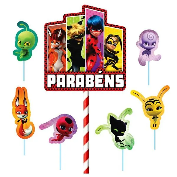 Topo De Bolo Ladybug Parabéns - 7 Itens
