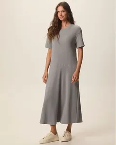 Vestido Midi Feminino Amplo Recorte Frontal Em Malha Canelada Texturizada Cinza - G