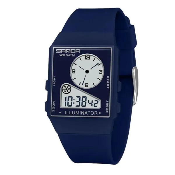 Relógio Eletrônico Multifuncional Masculino Quadrado Azul Sanda 6338 Digital Resistente à Água Relógio Eletrônico Multifuncional Masculino Sanda 6338 Digital Azul Resistente à Água