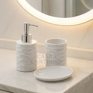 Kit Banheiro 3 Peças Cannes Dispenser Porta Sabonete Líquido Escova de Dente com Bandeja Cerâmica OEM Kit Banheiro 3 Peças Cannes Dispenser Sabonete Líquido com Porta Escova de Dente Cerâmica OEM