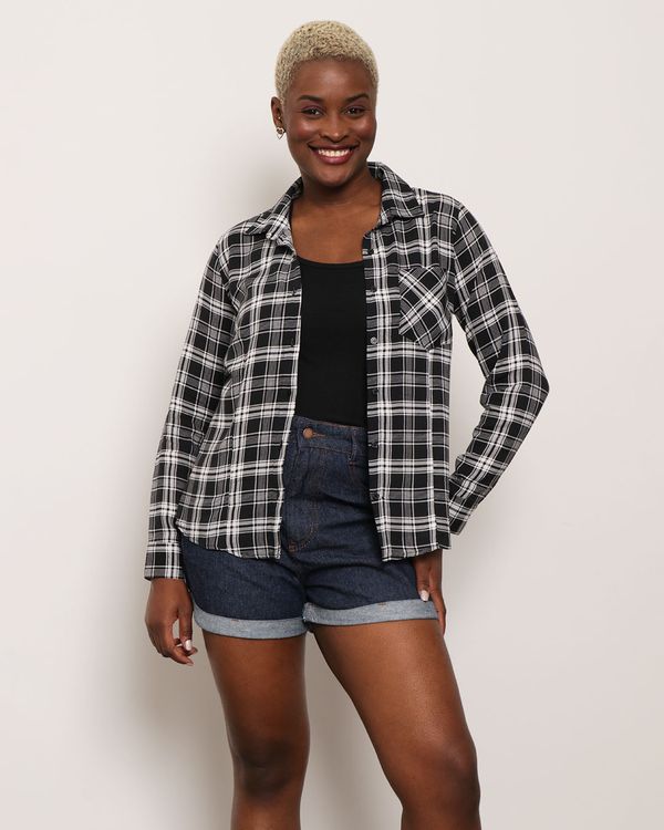 Camisa Feminina Berry & Co. Viscose Xadrez Preta G