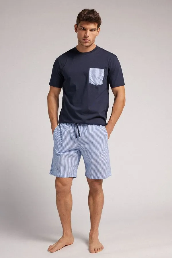 Pijama Curto Listrado Em Algodão - Azul EG