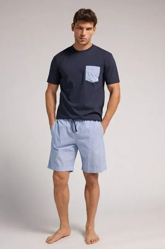 Pijama Curto Listrado Em Algodão - Azul EG
