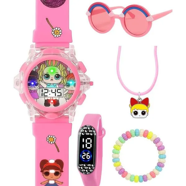 Relógio Infantil Digital Kit LOL para Menina com Pulseira em Silicone com Óculos de Sol e Colar Temáticos Rosa Relógio Infantil Digital Kit LOL para Menina com Pulseira em Silicone com Óculos de Sol e Colar Rosa