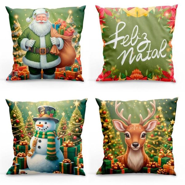 Kit Com 4 Capas De Almofadas Estampadas Natalinas 45cm X 45cm - Verde