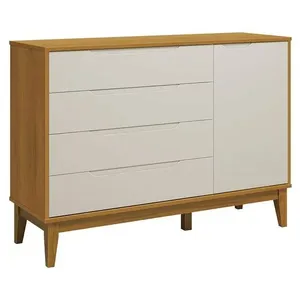 Cômoda com Porta Classic Elfe 4 Gavetas em MDF com Puxador Embutido Areia Acetinado Savana Amadeirado Cômoda Com Porta Classic Elfe Areia Acetinado Savana Amadeirado - Reller