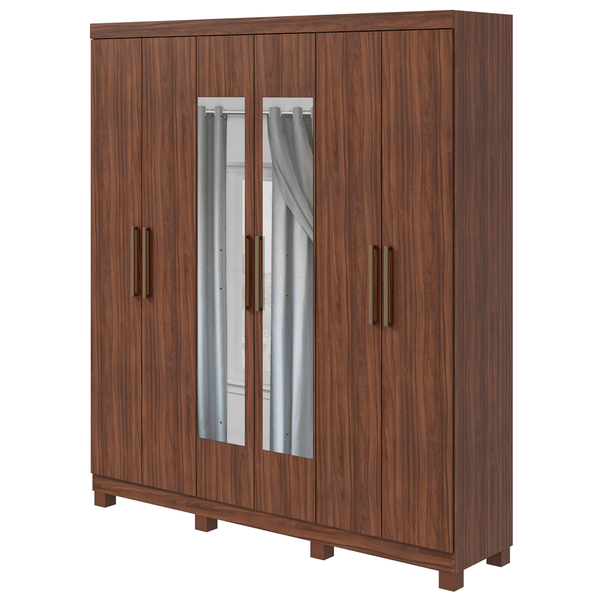 Guarda-Roupa 6 Portas, 3 Gavetas, Com Espelho, Com Pés - Móveis Lopas Jazz Imbuia Naturale