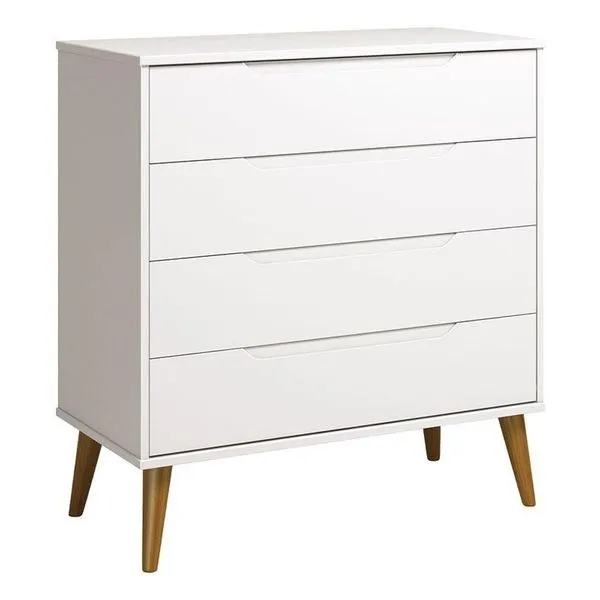 Cômoda Gaveteiro Retrô Elfe 4 Gavetas MDF Puxador Embutido Branco Acetinado Amadeirado Cômoda Gaveteiro Retrô Elfe Branco Acetinado Amadeirado - Reller
