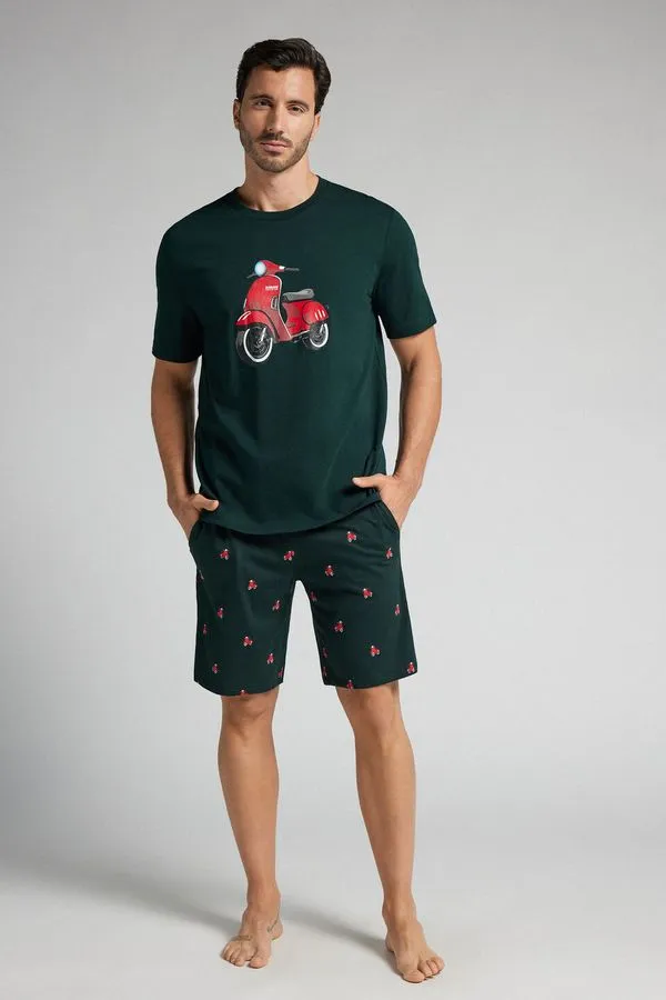 Pijama Curto Com Estampa De Scooter Em Algodão - Verde M