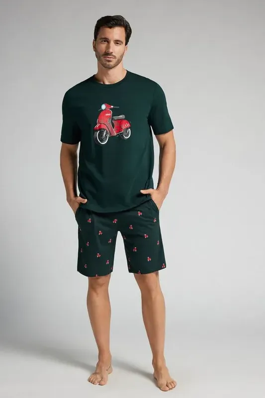 Pijama Curto Com Estampa De Scooter Em Algodão - Verde M