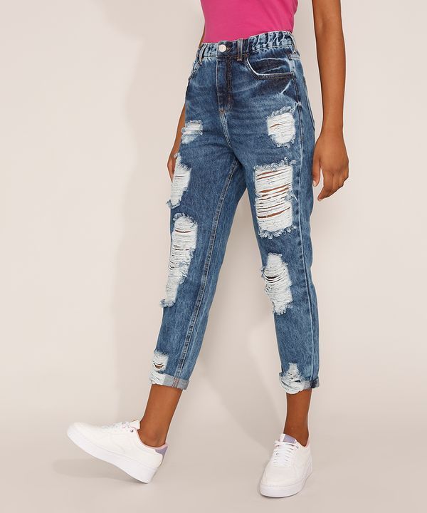 Calça Jeans Feminina Mom Cropped Cintura Super Alta Destroyed Marmorizada Azul Escuro 42