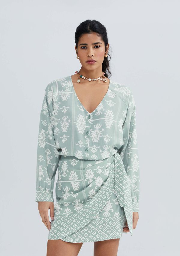 Blusa Feminina Manga Longa Estampada Em Viscolinho - Verde XP