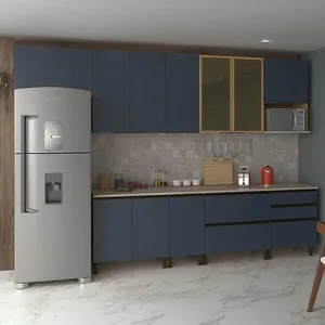 Cozinha Completa Bartira Cristal com 9 Portas, 7 Gavetas, 8 Prateleiras, 1 Nicho Lâmina de Mel/Azul Royal