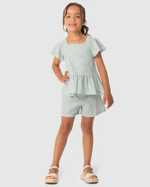 Conjunto Menina Blusa E Shorts Estampa Metalizada Em Viscose - Carinhoso Azul - 14
