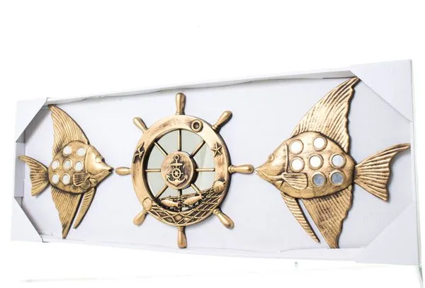 Conjunto Espelho E Ornamentos Latcor 3 Peças Peixes Redondo Dourado KD721132