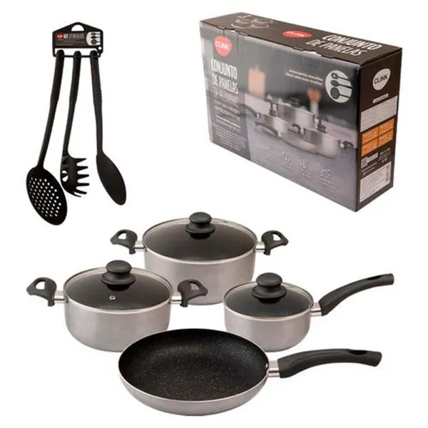 Jogo de Panelas 7 Peças Aluminio Antiaderente Cinza Com 3 Utensílios CK7289 - Clink