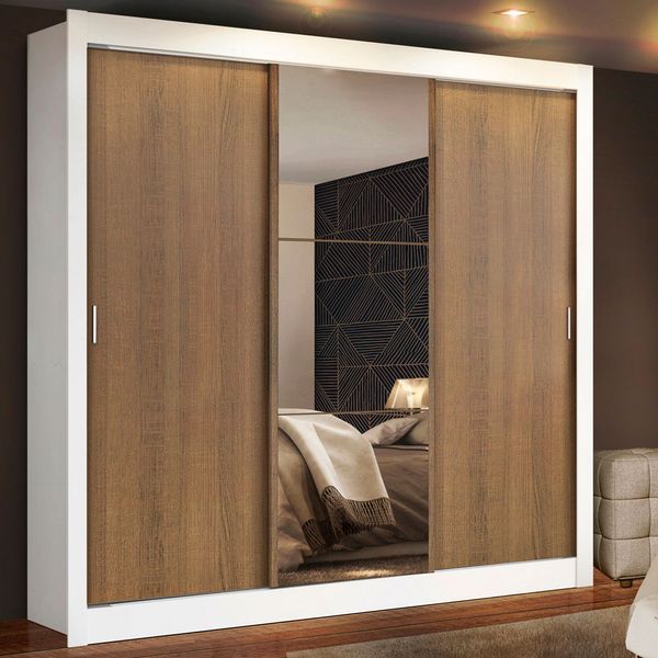 Guarda-Roupa Casal Madesa Mônaco 3 Portas de Correr com Espelho Branco/Rustic Cor:Branco/Rustic