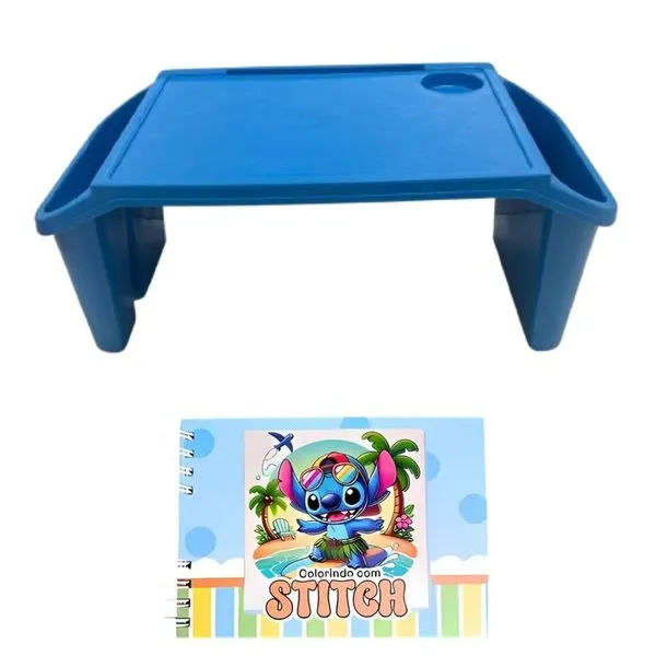 Mesa Apoio Infantil + Livro De Capa Dura – 48 Páginas Para Colorir, Criar E Aprender Bandeja Azul Stitch-azul