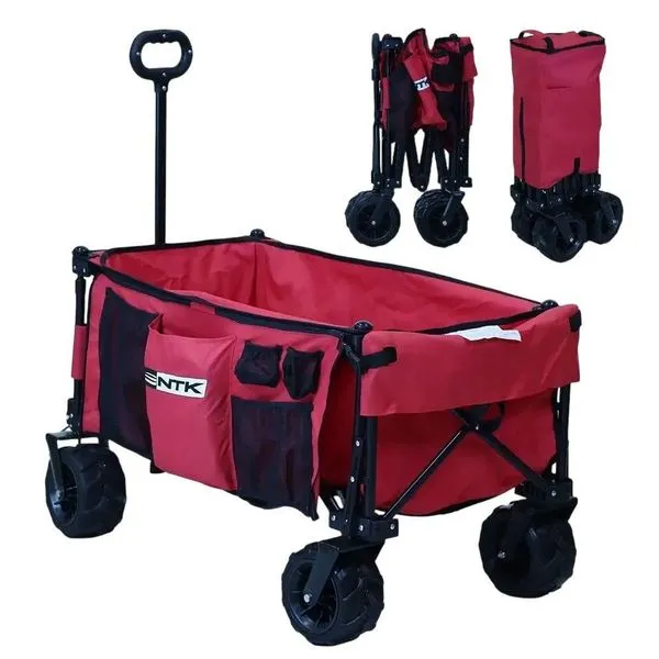 Carrinho de Carga Dobrável Multiuso 80KG para Camping com Estrutura Leve e Abertura Traseira Total Vermelha Nautika Carrinho de Carga Dobrável Multiuso 80KG com Estrutura Leve e Rodas Grandes Vermelha Nautika