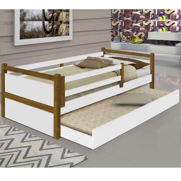 Cama Infantil Solteiro Bianca com Cama Auxiliar Branco-Mel MDF Madeira Pinus Divaloto Móveis Cama Bianca Branco Mel Com Cama Auxiliar