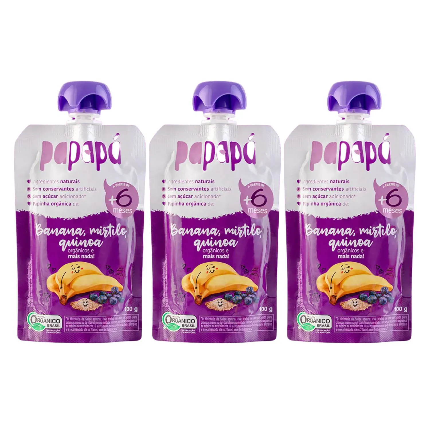 Kit Papinha Infantil Orgânica Banana Mirtilo e Quinoa Papapá - 3 Unidades 100g