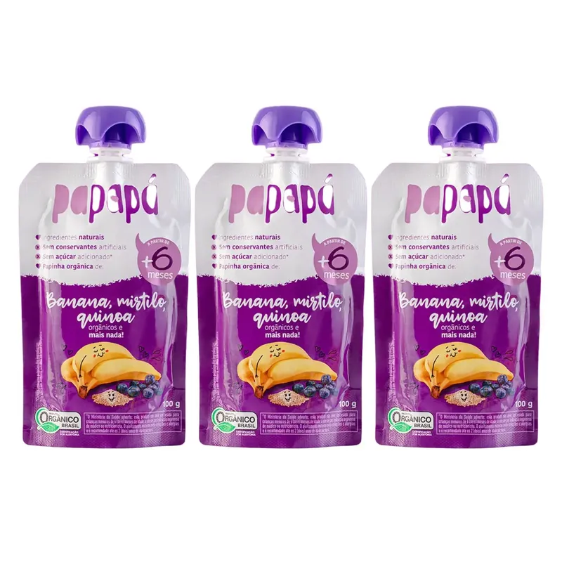 Kit Papinha Infantil Orgânica Banana Mirtilo e Quinoa Papapá - 3 Unidades 100g