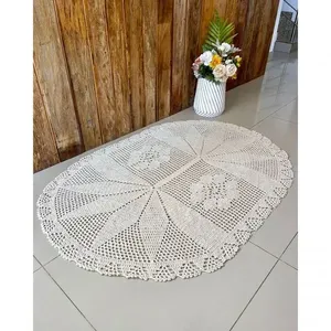 Tapete Oval 1,80x1,35M Rosas Crochê 100% Algodão Feito à Mão para Sala Creme Artesanal Tapete Oval 1,80x1,35M Crochê Algodão Rosas para Sala Creme Artesanal