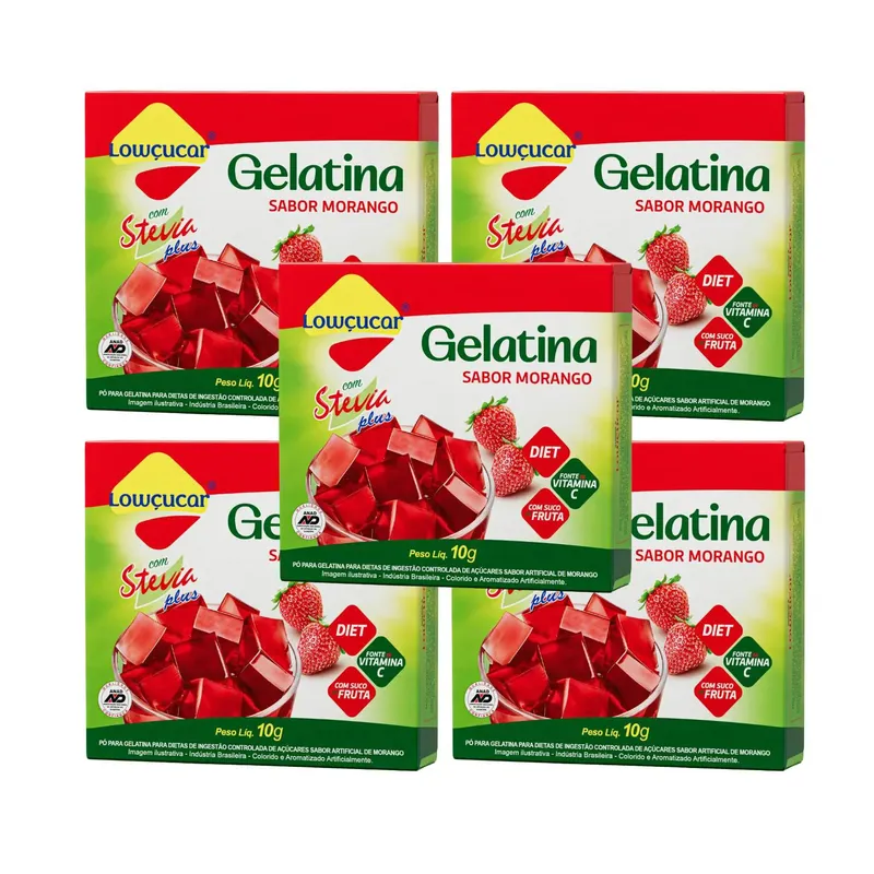 Kit Gelatina Morango Diet com Stevia - Lowçucar Plus 5 Unidades 10g