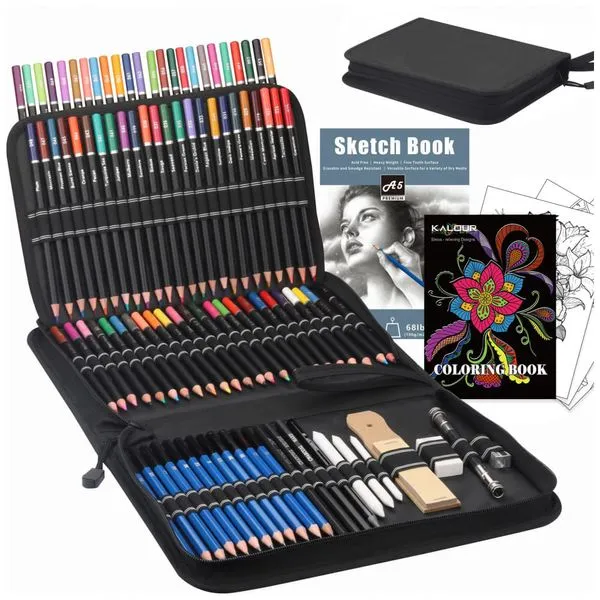 Kit de lápis de desenho 96 peças KALOUR com 72 lápis de cor, lápis grafite, carvão, bloco para esboço e estojo com zíper