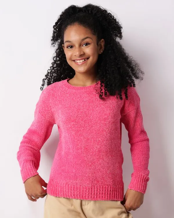 Suéter Juvenil Chenille Manga Longa Rosa 10