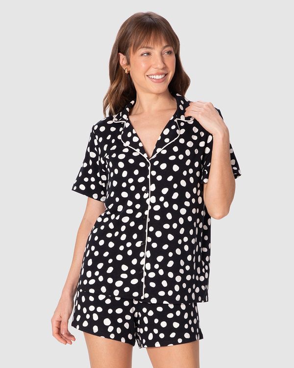 Pijama Curto Feminino Americano Estampa Poá Em Viscose Stretch Preto - XGG