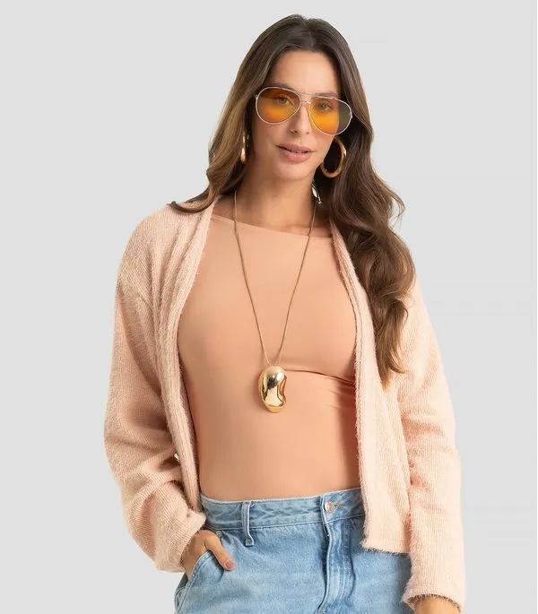 Cardigan Feminino Em Tricot Felpudo Dianna Rosa G
