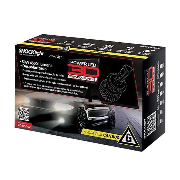 Lâmpada Automotiva LED H7 Par Powerled 3D 6000K 50W 4500LM 12V e 24V Luz Branca Shocklight Lâmpada Automotiva LED H7 Par Powerled 3D 6000K 50W 4500LM 12V e 24V Shocklight