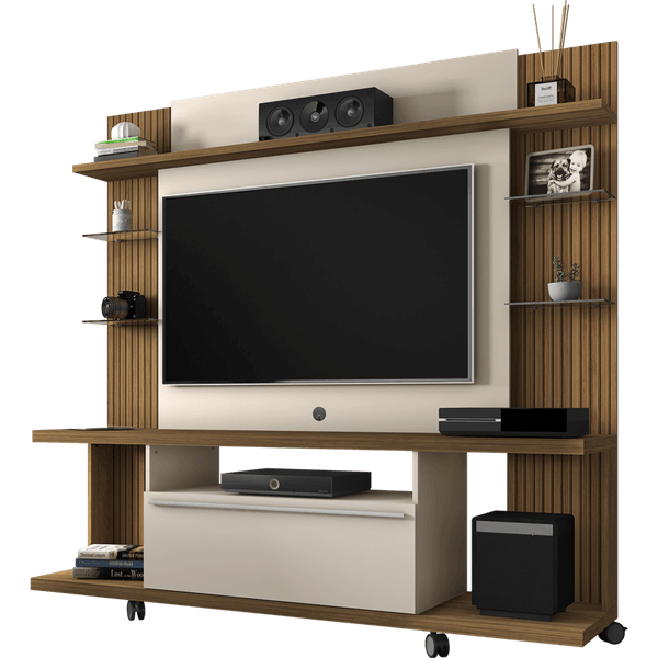 Estante em MDP Para Tv Ate 50'', 6 Prateleiras, 1 Portas - Home Theater New Torino Cinamomo/Off-White/Ripado